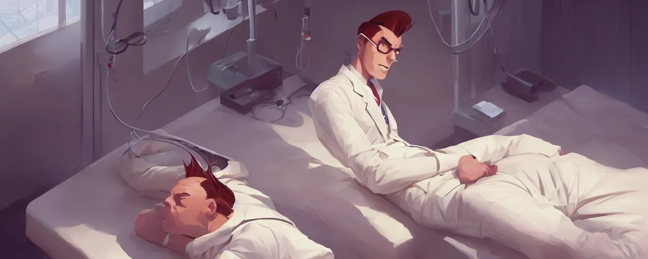 Prompt: exhousted young scientist with short slicked - back hair, sleeping in a labratory - wearing white suit, wearing, digital art, behance hd by jesper ejsing, by rhads, makoto shinkai and lois van baarle, ilya kuvshinov, rossdraws global illumination.