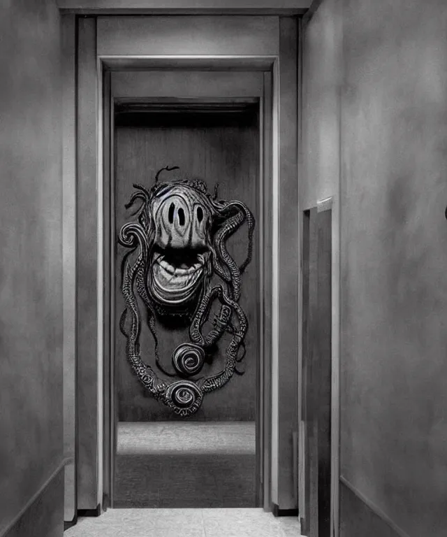 Prompt: horrifying photorealistic image of a 1 9 2 5 hotel elevator lobby, elevator doors look like a mouth, with a tentacle - shaped tongue, licking out, dark, atmospheric, brooding, smooth, finely detailed, cinematic, epic, in the style of lee gibbons