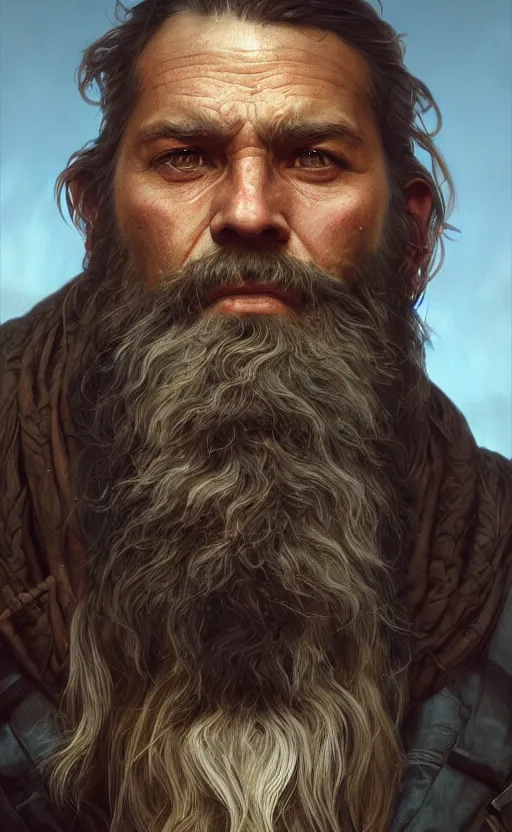 Image similar to close up portrait painting of a bearded survivor, ultra realistic, concept art, intricate details, serious, highly detailed, photorealistic, octane render, 8 k, unreal engine. art by artgerm and greg rutkowski and alphonse mucha