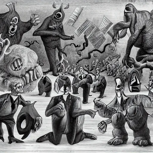 Prompt: A bunch of monsters in place of congressmen arguing on the floor of the capital 4k surrealism