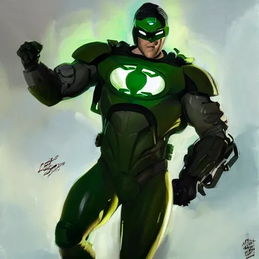 Image similar to greg manchess portrait painting of armored green lantern as overwatch character, medium shot, asymmetrical, profile picture, organic painting, sunny day, matte painting, bold shapes, hard edges, street art, trending on artstation, by huang guangjian and gil elvgren and sachin teng