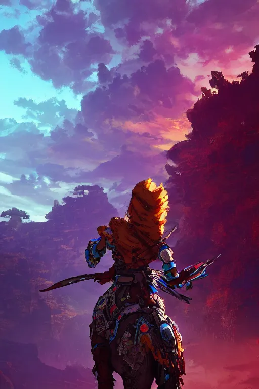 Image similar to combination suit armor aloy horizon forbidden west horizon zero dawn radiating a glowing aura global illumination ray tracing hdr fanart arstation by ian pesty and alena aenami artworks in 4 k tribal robot ninja mask helmet backpack