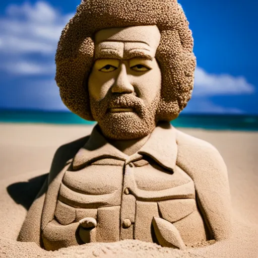 Prompt: sand sculpture of bob ross, on a busy beach, highly detailed, photograph, 5 0 mm f 1. 4, bright sunlight