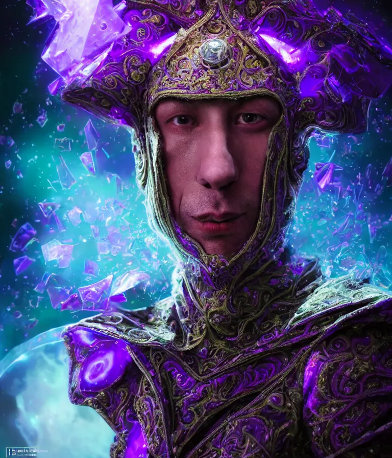 Image similar to impressive spectacular front!! shot photo of a court jester character fine portrait fine portrait mesmerizing fractal hyper cubes platinum cracked dark future hyper dimensional space galactic crystal nebula edges elegant detailed intricate concept artstation sharp focus ray tracing cinematic masterpiece temporal corruption beeple wlop germ 8 4 k scifi glossy hyper realistic illustration canon eos r 3 fujifilm x - t 3 0 sony alpha a 6 6 0 0