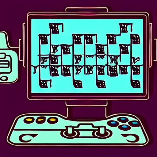 Prompt: illustration of an elaborate robot coding, on screen old video game shown, robot hold a controller
