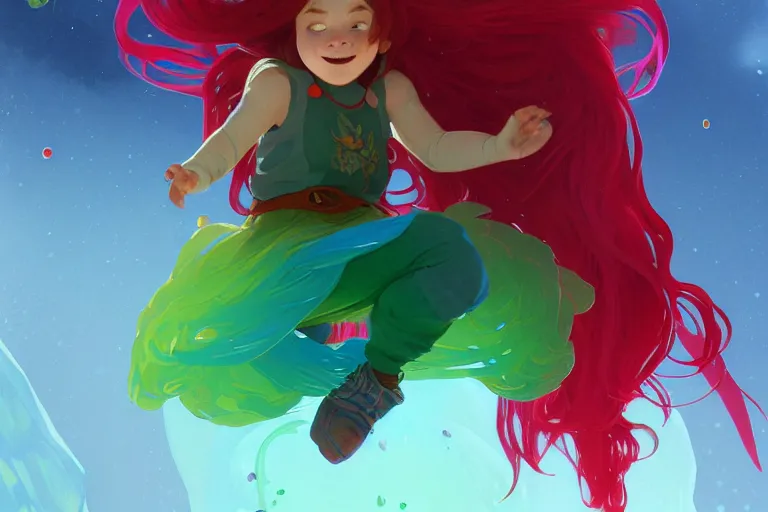 Image similar to madeline from celeste jumping to a green jelly bubble, ( ( ( blue bubble jacket ) ) ) ( ( ( red long hair ) ) ), highly detailed, digital painting, artstation, concept art, sharp focus, illustration, art by greg rutkowski and alphonse mucha