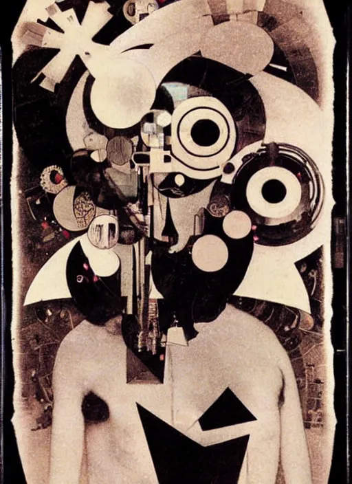 Image similar to cute punk goth fashion fractal alien martian girl with wearing a television tube helmet and kimono made of circuits and leds, surreal Dada collage by Man Ray Kurt Schwitters Hannah Höch Alphonse Mucha Beeple