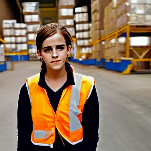 Image similar to photo, close up, emma watson in a hi vis vest, in warehouse, 2 0 0 8 android cameraphone, low contrast, 2 6 mm,