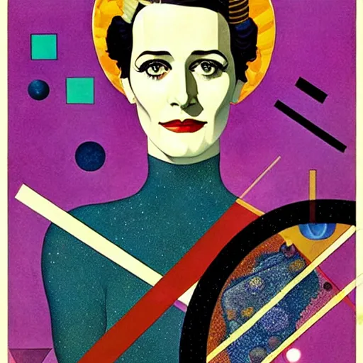 Image similar to Art by Coles Phillips, Portrait of the actress, Eva Green as Space Commander Zeta from the Year 3000, geometric art, poster, no text, Mucha, Kandinsky, indigo, teal, gold