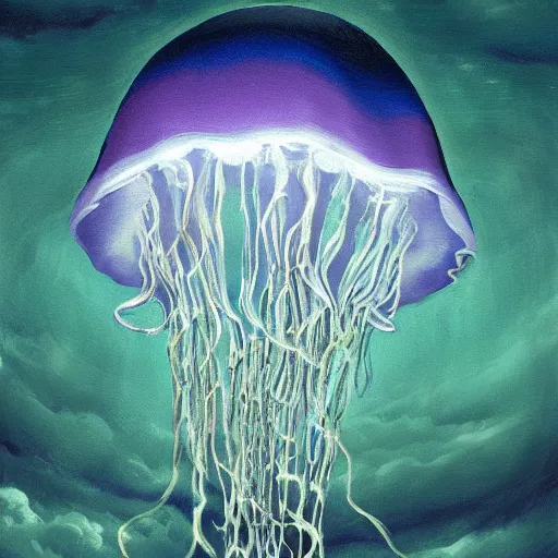 Image similar to baroque oil painting of a jellyfish flying through the sky!!! different realm, cinematic, dark fantasy, acrylic palette knife, high detail, hyper realism, 4 k resolution, 8 k resolution, full hd, neon, realistic painting by junji ito, laurie lipton and michael whelan