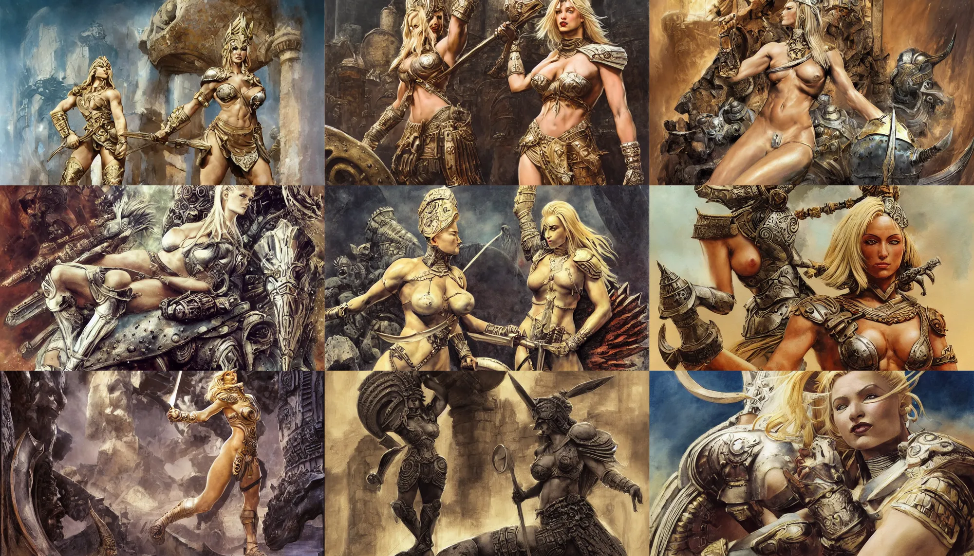 Prompt: A mixed media painting of a beautiful blonde warrior goddess in a coliseum, very aesthetic, curvy, detailed face and eyes, spartan, by Frank Frazetta, Boris Vallejo, Greg Rutkowski, Beeple, Yoko Taro, Christian MacNevin, epic fantasy character art, roman numerals, high fantasy, CGsociety, full length, exquisite detail, post-processing, masterpiece, cinematic, coliseum backdrop