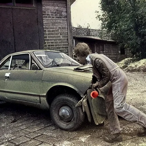 Prompt: alien is repairing an old lada near garages, soviet space, top secret style, realistic photo, 1 9 7 0 s, color