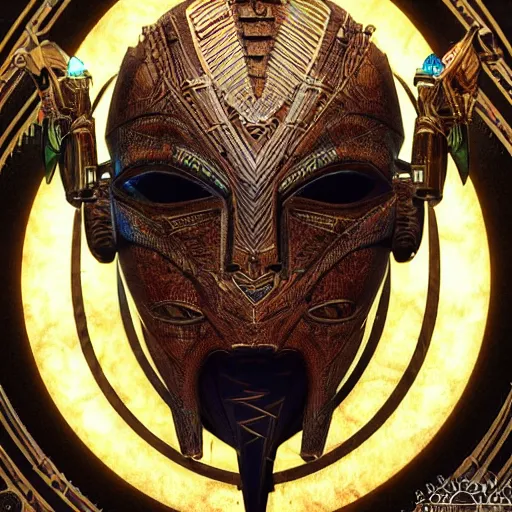 Prompt: african tribal mask in wakandan style cyberpunk, ultra realistic, concept art, intricate details, eerie, horror, highly detailed, photorealistic, octane render, 8 k, unreal engine. art by artgerm and greg rutkowski and alphonse mucha