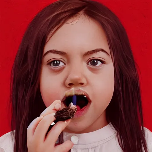 Image similar to young vampire aubrey plaza eating a clove of garlic, art by beeple