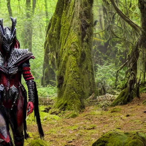 Image similar to High fantasy Yautja in the forests plains of north yorkshire, 4k, Predator Movie, dragon inspired armor