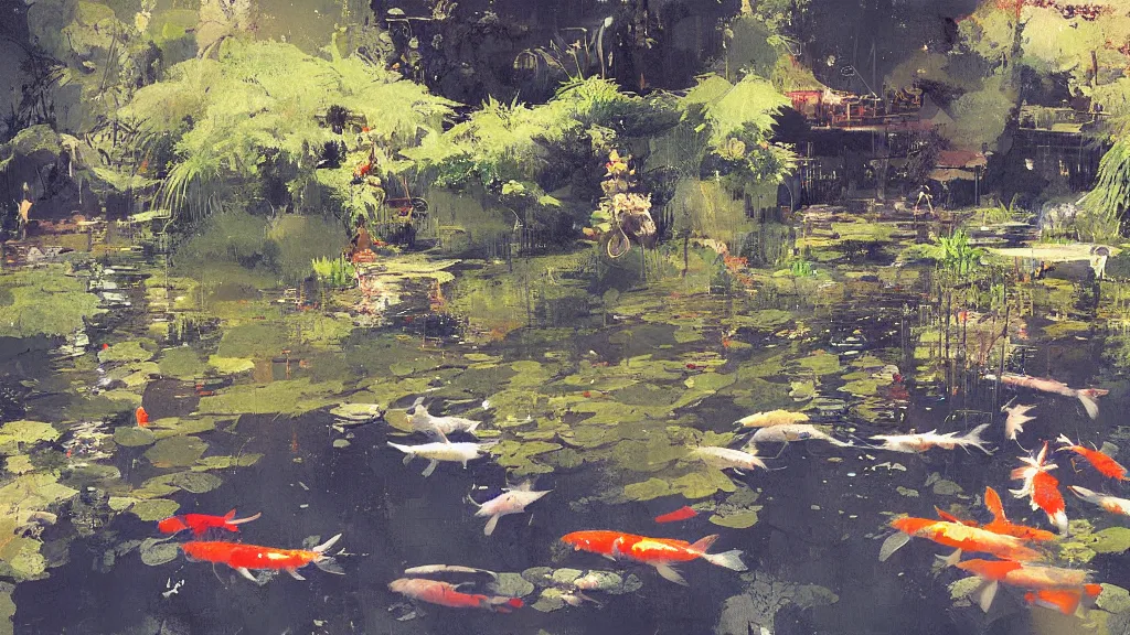 Prompt: painting of a koi pond by ismail inceoglu