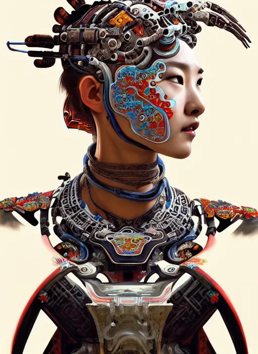 Prompt: portrait of a machine from horizon zero dawn, machine face, upper body, decorated with chinese opera motifs, asian, traditional chinese art, intricate, elegant, highly detailed, digital painting, artstation, concept art, smooth, sharp focus, illustration, art by artgerm and greg rutkowski and alphonse mucha, 8 k