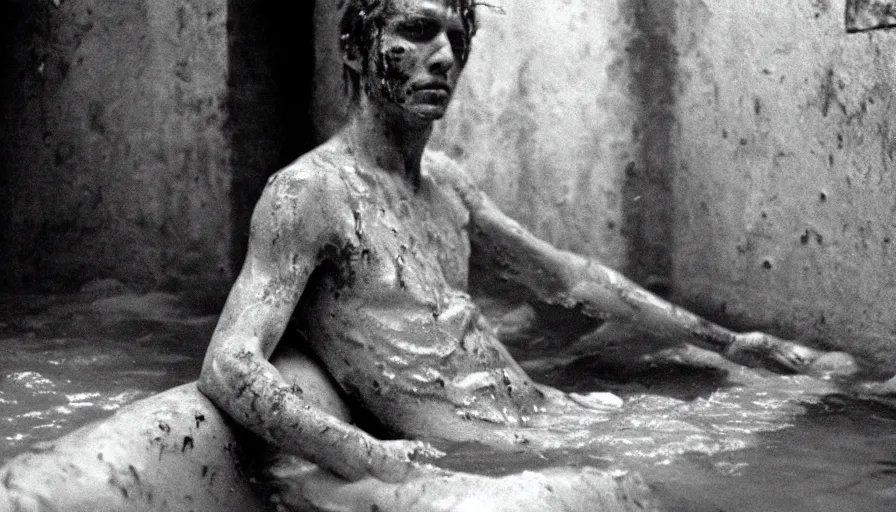 Image similar to movie still of marat wounded at the chest, in a bath flooded with blood, cinestill 8 0 0 t 3 5 mm, high quality, heavy grain, high detail, cinematic composition, dramatic light, anamorphic, ultra wide lens, hyperrealistic, by josef sudek