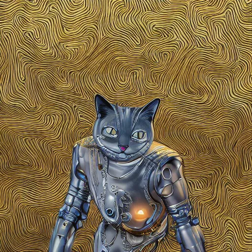 Image similar to gold and silver tones, cybernetic cat in a deserted town, style of moebius, james jean, rutkowski, mcbess, cinematic, high detail, award winning, 8 k photorealistic