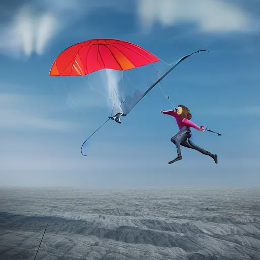 Image similar to mary poppins holding a mattress freeride kite naish pivot s 2 6 kite being blown to the sky by the strong wind. 3 d octane render