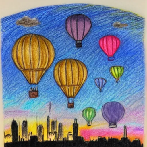 Prompt: 3 hot air balloons flying in the night sky above a city, crayon drawing