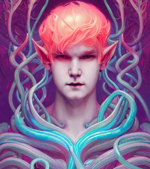 Prompt: harmony of neon glowing coral, tentacles, dynamic pose, white iris, alien, ( white hair merman yoongi elf ears, no nose ) by wlop, james jean, victo ngai, muted colors, highly detailed, fantasy art by craig mullins, thomas kinkade,