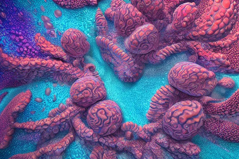 Image similar to stunning ultra realist soft painting waves underwater curiosities reflections and refractions corals carnival, symmetry accurate features, focus, very intricate ultrafine details, blue purple aqua colors, award winning masterpiece, octane render
