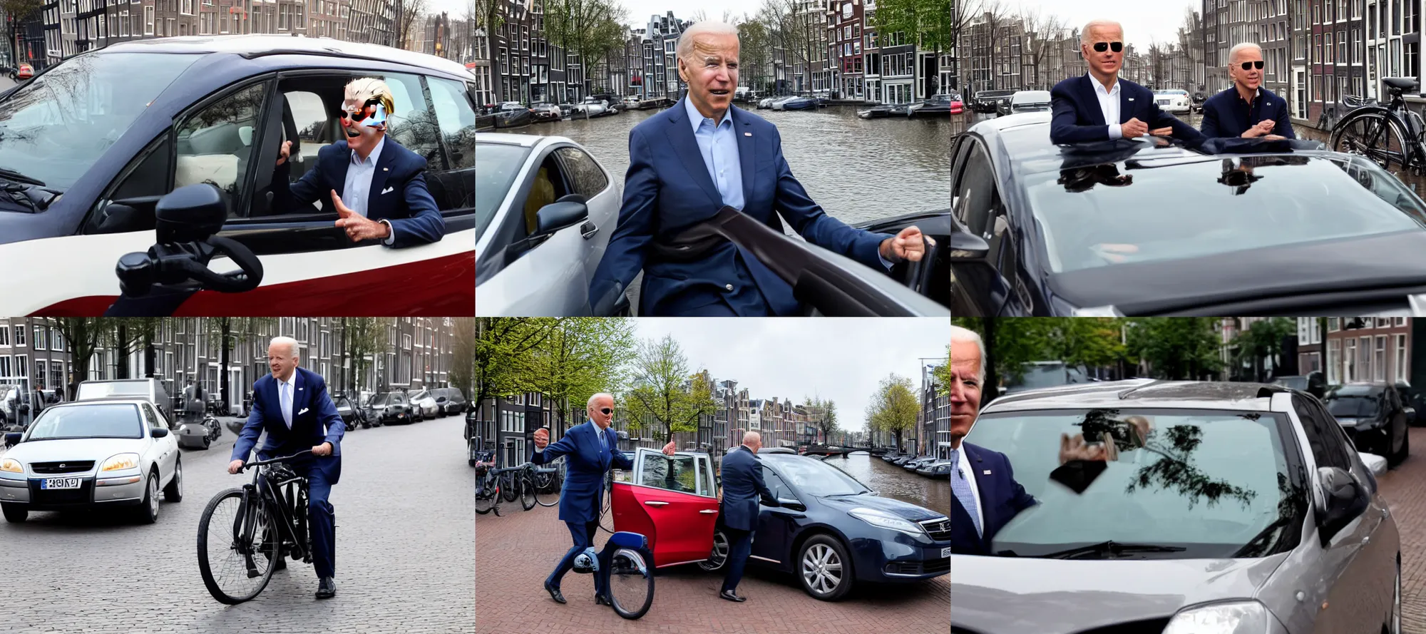 Prompt: joe biden driving a canta lx in amsterdam - noord