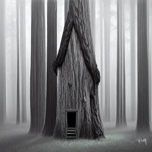 Prompt: treehut in a redwood by alex andreev, landscape, high contrast, digital