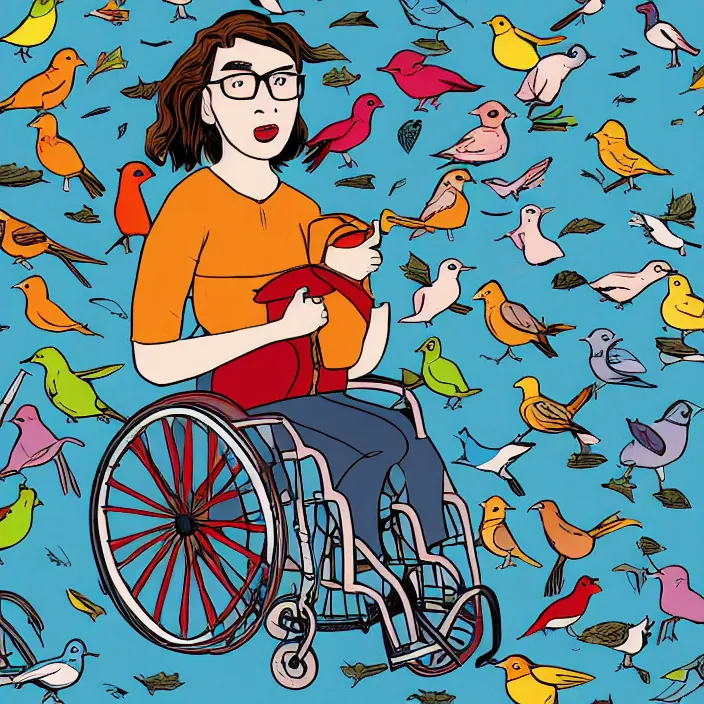 Prompt: a nerdy woman in a wheelchair, surrounded by birds, a full color illustration by mike mignolia