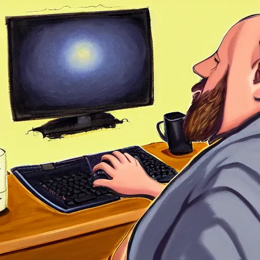 Prompt: highly detailed color painting of an extremely obese balding man with beard using a computer, which is the only light source in the room he has a huge baggy black shirt on and a pair of grey sweat pants. his screen is very large. he has a glass of whiskey in his left hand and he is using the mouse with the other