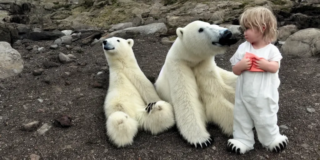 Image similar to A girl and the most honest and cutest polar bear in the world