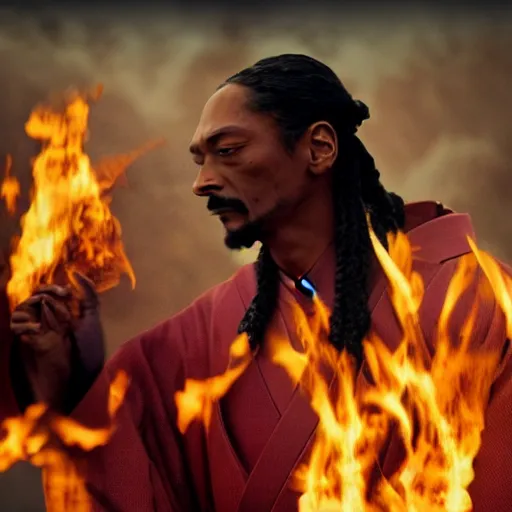 Image similar to cinematic film still of Snoop Dogg starring as a Samurai holding fire, Japanese CGI, VFX, 2022, 40mm lens, shallow depth of field, film photography