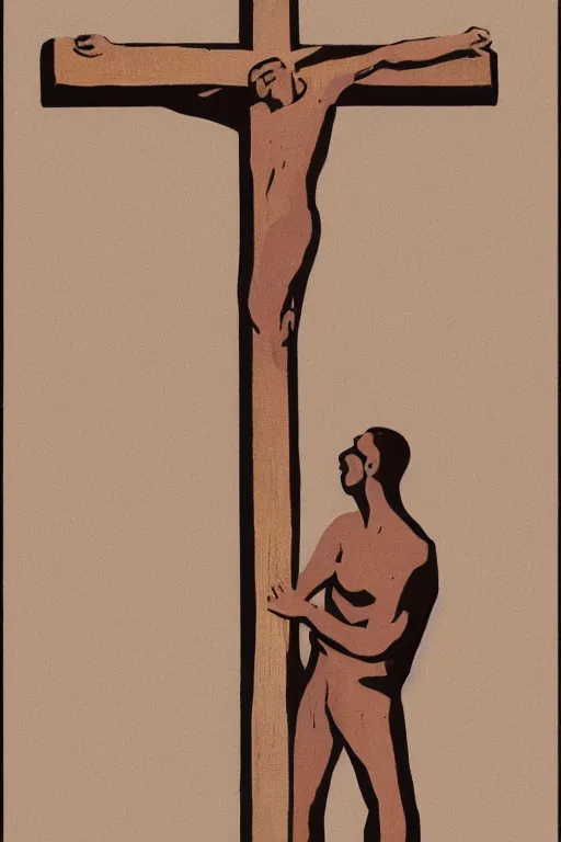 Image similar to man kneeling at the base of a wooden cross, 1960’s minimalist advertising illustration, painterly