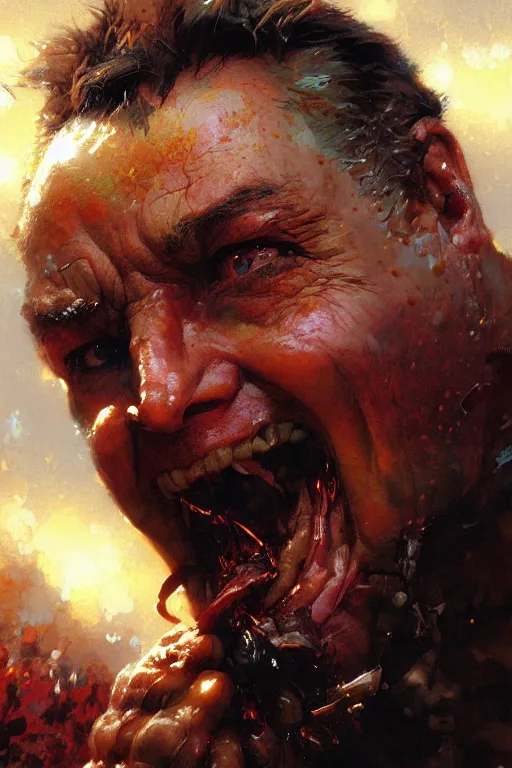 Prompt: nuclear bomb eating beans, extreme close up, portrait dnd, painting by gaston bussiere, craig mullins, greg rutkowski, yoji shinkawa