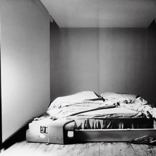 Image similar to a bed, alone in a disco, 1980's style, dramatic lighting