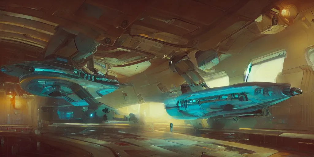 Prompt: Art Nouveau style painting of a Starship in a docking bay by greg rutkowski and thomas kinkade, Trending on artstation, teal and orange color scheme