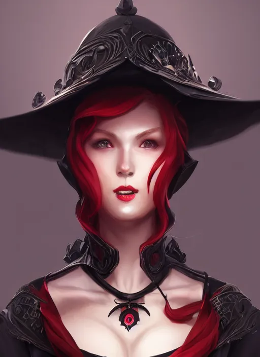 Image similar to a highly detailed illustration of red haired lady wearing black noir dress and black sun hat, dramatic smile pose, intricate, elegant, highly detailed, centered, digital painting, artstation, concept art, smooth, sharp focus, league of legends concept art, wlop.