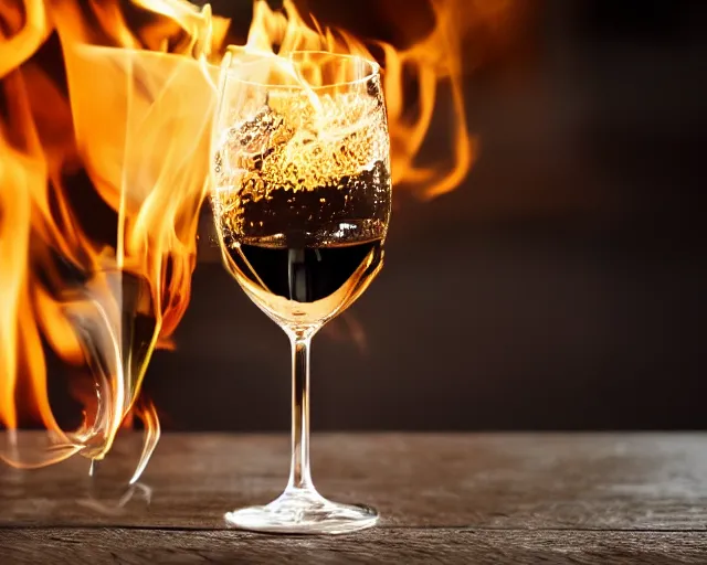 Prompt: 8 5 mm food photography of a glass of fire at restaurant with dof and bokeh and wine glasses o