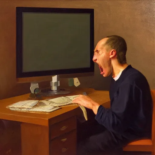 Prompt: an angry man yells at his computer monitor, oil on canvas, highly detailed, high resolution