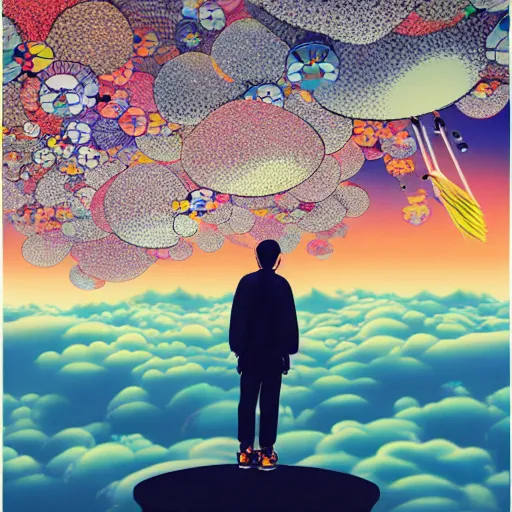 Image similar to a man walking on clouds away from the camera above kyoto by takashi murakami, beeple and james jean, aya takano color style, 4 k, super detailed, modern, 4 k, symmetrical