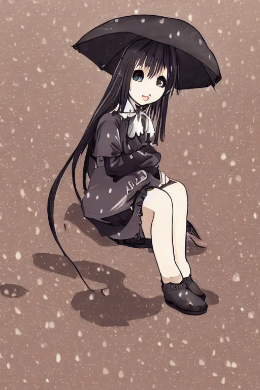 Image similar to A stern girl in Japanese maid's clothes and long stockings sits on the wet pavement in a parking lot in the rain at night. Dark anime drawing in gothic pixiv style.