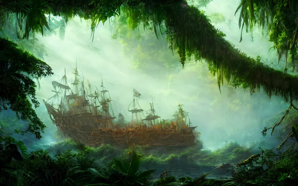 Prompt: a large pirate ship in a dense jungle, misty background, light rays, beautiful lighting, vivid colors, intricate, elegant, highly detailed digital painting, concept art, smooth, sharp focus, unreal engine, 4 k wallpaper, trending on cgsociety, trending on artstation