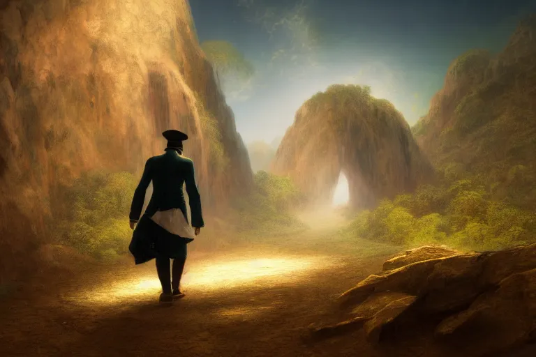 Image similar to a detailed 3 d render of bruno from encanto walking throug the astral gate to eternity, 1 8 th century south america, octane render, 8 k, volumetric lighting, in the style of disney, art by albert bierstadt and thomas moran