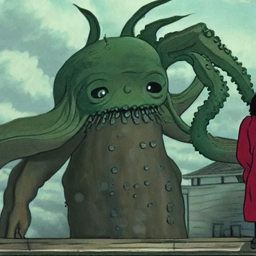 Prompt: screenshot from Miyazaki's my neighbor cthulhu, by ghibli animation