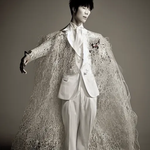 Image similar to a beautiful young korean male wearing a translucid lace wedding gown designed by alexander mcqueen, photographed by andrew thomas huang for a fashion editorial