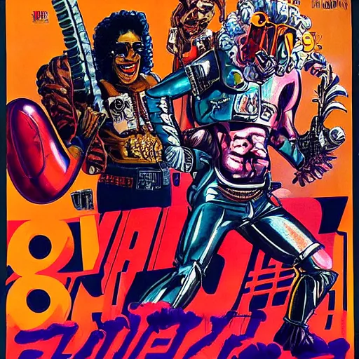 Prompt: b - movie poster, a heavily modified 1 9 7 0's dodge charger with a cow catcher and metal armor, a funky vixen with an afro, a gang of 1 9 7 0 s drug dealers, an explosion, 1 9 7 0's detroit building la