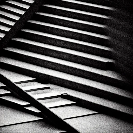 Image similar to black and white surreal photograph, highly detailed vast space made of stairsteps, sideview, detailed textures, natural light, mist, architecture photography, film grain, soft vignette, sigma 1 4 mm f / 1. 4 1 / 1 0 sec shutter, imax 7 0 mm footage