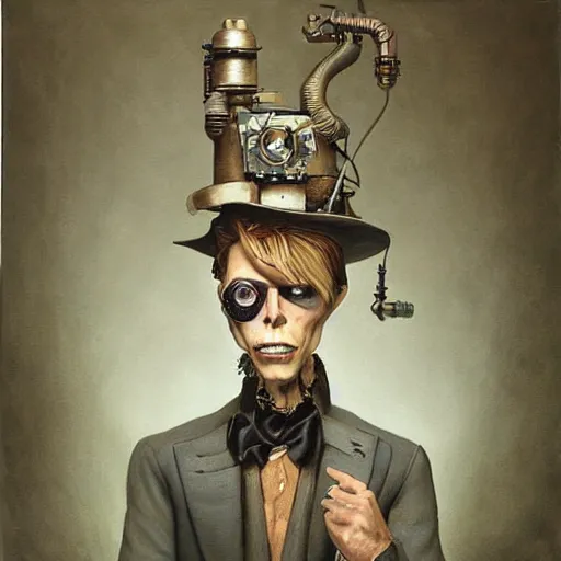 Prompt: a hyperrealistic painting of a steampunk david bowie, by john kenn mortensen, highly detailed,