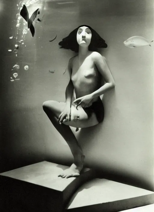 Image similar to girl in a aquarium as a tropical fish, surreal photography by Man Ray
